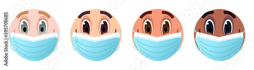 Set of emoticons in medical masks. People of different races in their respective skin colors. Vector isolated on a white background.