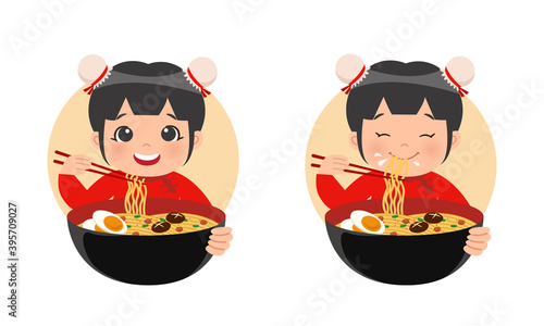 Cute girl in traditional Chinese attire eat noodle ramen with egg, mushroom, and chicken. Restaurant logo concept.