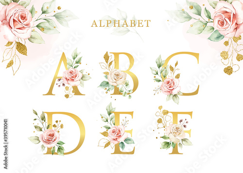Watercolor floral alphabet set with golden leaves