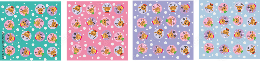 Fototapeta premium colorful background of a cute deer character that has different antlers and varied clothes on a snowy sky background