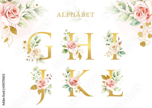 Watercolor floral alphabet set with golden leaves