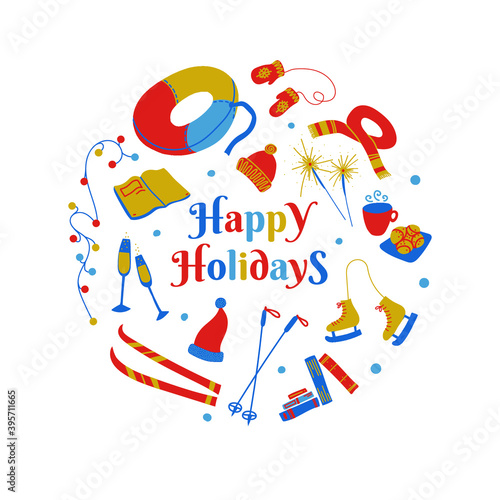 Vector illustration set of happy holidays stuff and things to do isolated on white background. New Year mood traditional things in a circle shape. photo