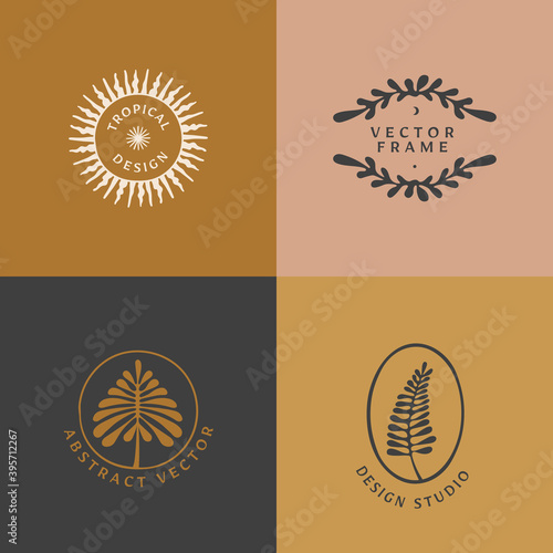 Vector logo design template in simple minimal style with hand-drawn leaves