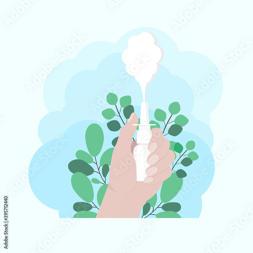 Nasal spray in hand. hand holds drops of nasal spray. eucalyptus branches. Using sprays to ease breathing during the allergy and illness