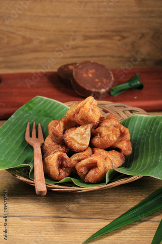Burayot, Famous Traditional Snack from Garut, West Java, Indonesia. made from Rice Flour and Palm Sugar. Served Above Bamboo Plate with Banana Leaf