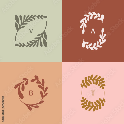 Vector logo design template in simple minimal style with hand-drawn leaves