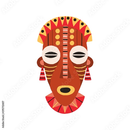 Ethnic african tribal mask with huge eyes and open mouth. Traditional ritual symbol. Ancient human art. Flat vector illustration isolated on white background