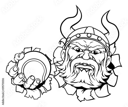 A viking tennis sports mascot cartoon character holding a ball