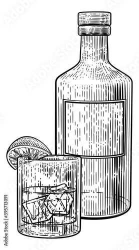A drink cocktail in a glass with ice and lemon or lime accompanied by a bottle in a vintage woodcut engraved or etched style