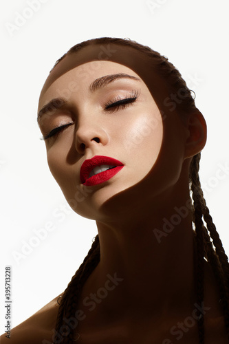 Beauty portrait of young fashion woman with red lipstick. Glamour model with bright gloss make-up. sexy female lips with red lipstick.