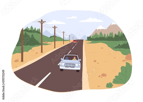 Road trip concept. Freedom of movement. Traveling by car on a sunny day. Highway with two cars against the nature landscape, forests and mountains. Colorful flat vector illustration