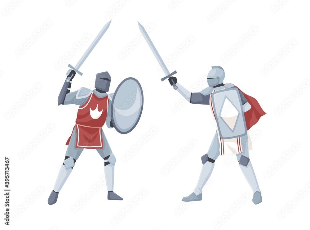 Chivalry tournament. Two medieval knights in armor fighting with swords. Warriors holding shields in war battle. Flat vector illustration with fighters isolated on white background