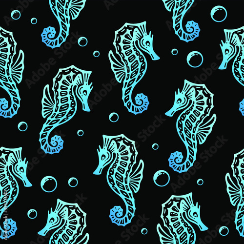 Hand drawn doodle pattern of seahorse in vintage design. 