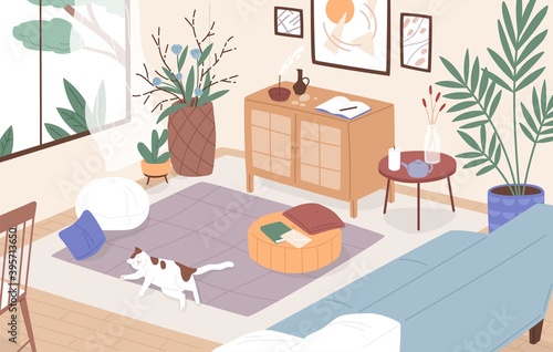 Modern interior of living room. Cosy furnished apartment. Sleeping cat on the floor. Comfy flat with sofa, coffee table, houseplants growing in pots and home decorations. Flat vector illustration