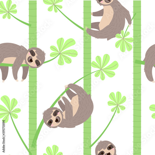 Seamless pattern of a sloth hanging on a cecropia branch. Cheerful sloth winks and smiles, holding a leaf, sleeping. Flat vector illustration of square shape.