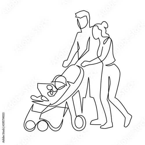 Continuous one line drawing of mom and dad with a toddler in a stroller vector illustration. Husband and wife with a baby on a walk. The young married couple walks with the wheelchair outdoor.