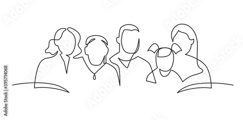 Group of people continuous one line vector drawing. People of different ages together. Family portrait, friends hand drawn characters. Minimalistic contour illustration.