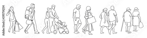 Continuous one line drawing of urban residents walking on city street. Group of different people walking city background. Casual townspeople crosses the road in one way hand drawn vector illustration