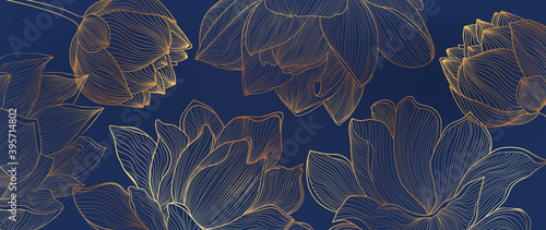 Luxury wallpaper design with Golden lotus and natural background. Lotus line arts design for wall arts, fabric, prints and background texture, Vector illustration.