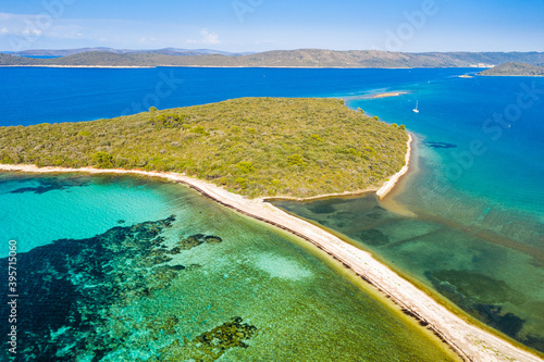 Beautiful Adriatic seascape and island of Dugi Otok in Croatia, aerial view from drone