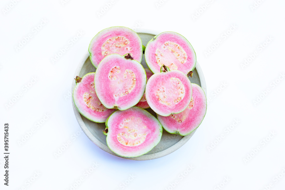 Pink guava on white background. Pink guava on white background.