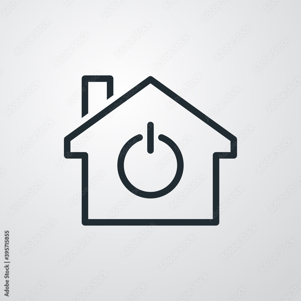 Vivienda domótica. Logotipo casa con símbolo botón de encendido con lineas en fondo gris Vivienda domótica. Logotipo casa con símbolo botón de encendido con lineas en fondo gris