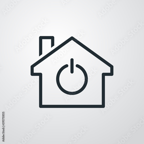 Vivienda domótica. Logotipo casa con símbolo botón de encendido con lineas en fondo gris 