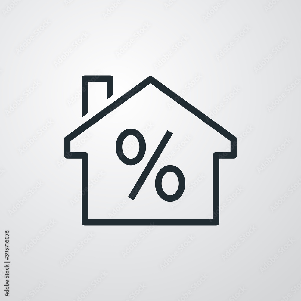 Concepto Real Estate. Logotipo casa con símbolo porcentaje con lineas en fondo gris Concepto Real Estate. Logotipo casa con símbolo porcentaje con lineas en fondo gris