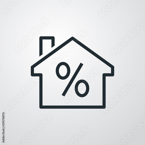 Concepto Real Estate. Logotipo casa con símbolo porcentaje con lineas en fondo gris