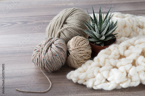 Composition of a large-knit canvas, a pot of Haworthia and several balls of thread on a wooden background. Side view. Image with selective focus.