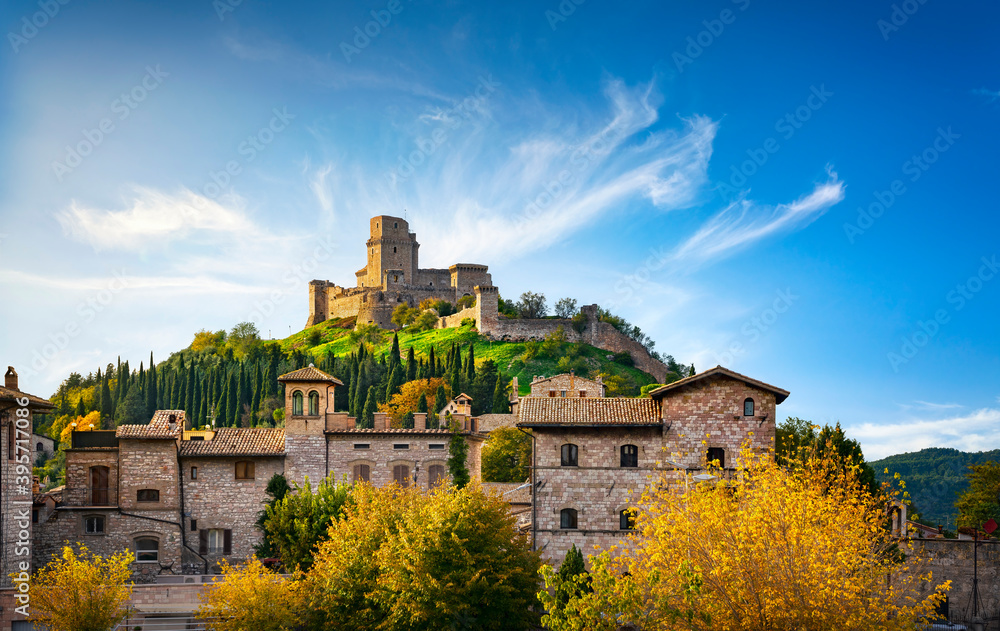 Assisi town and Rocca Maggiore fortress. Perugia, Umbria, Italy.