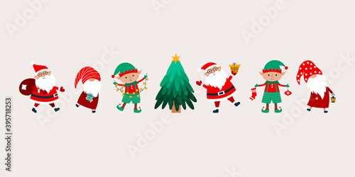 Christmas banner with Santa Claus, gnomes, Christmas tree, elves