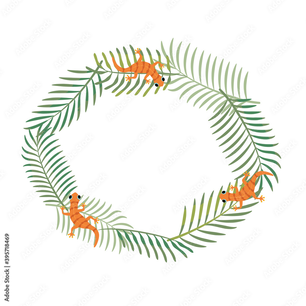 Palm leaves and gecko round frame vector illustration