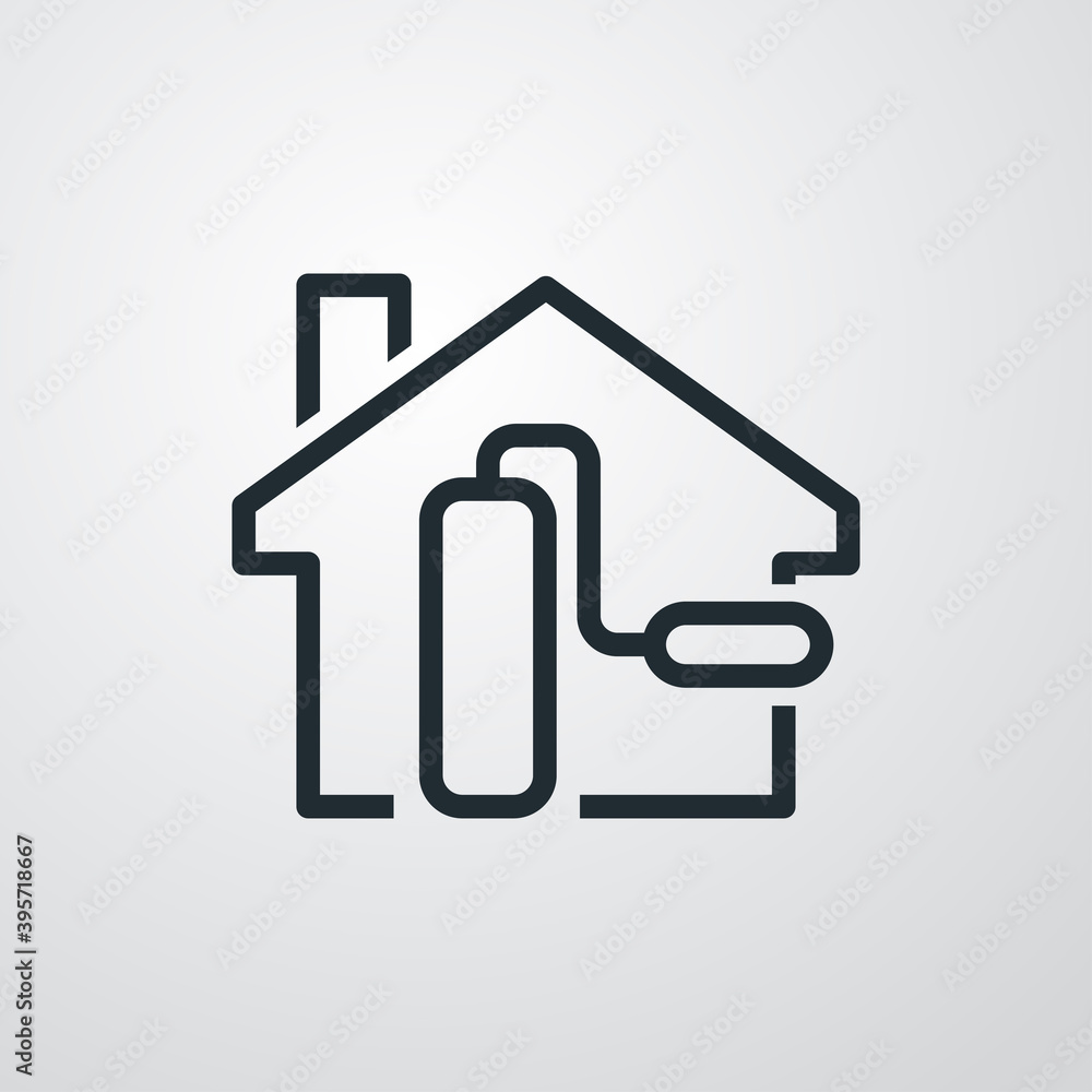 Logotipo con rodillo de pintura en contorno de casa con lineas en fondo gris Logotipo con rodillo de pintura en contorno de casa con lineas en fondo gris