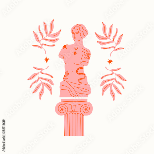 Pink marble statue of Venus, column, branches. Greek ancient statue with modern Tattoos. T-shirt apparel print design. Hand drawn trendy Vector illustration. Isolated on white