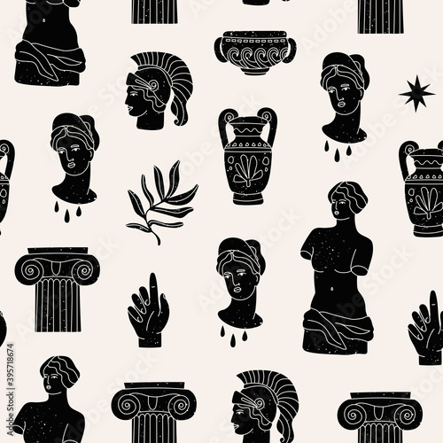 Antique black marble statue of woman, column, branch, amphora. Mythical, ancient greek style. Hand drawn Vector illustration. Square Seamless Pattern. Background, wallpaper