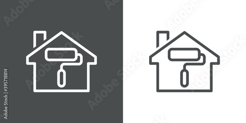 Logotipo con rodillo de pintura en contorno de casa con lineas en fondo gris y fondo blanco