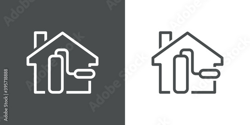 Logotipo con rodillo de pintura en contorno de casa con lineas en fondo gris y fondo blanco
