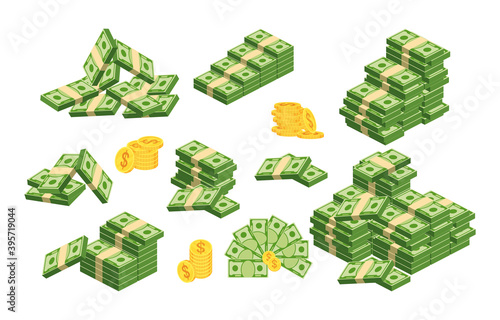 Huge packs of paper money. Flat vector illustration