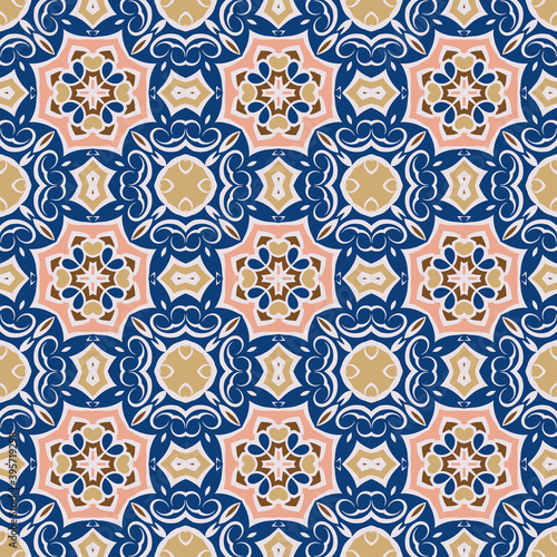 Creative color abstract geometric pattern in blue pink gold, vector seamless, can be used for printing onto fabric, interior, design, textile, rug, carpet, tiles.