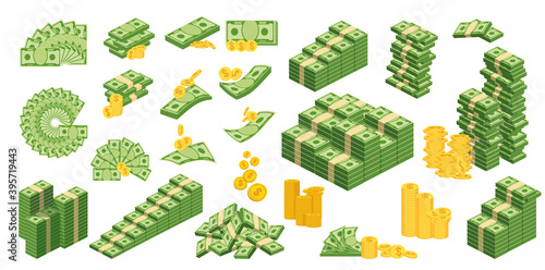 Huge packs of paper money. Flat vector illustration