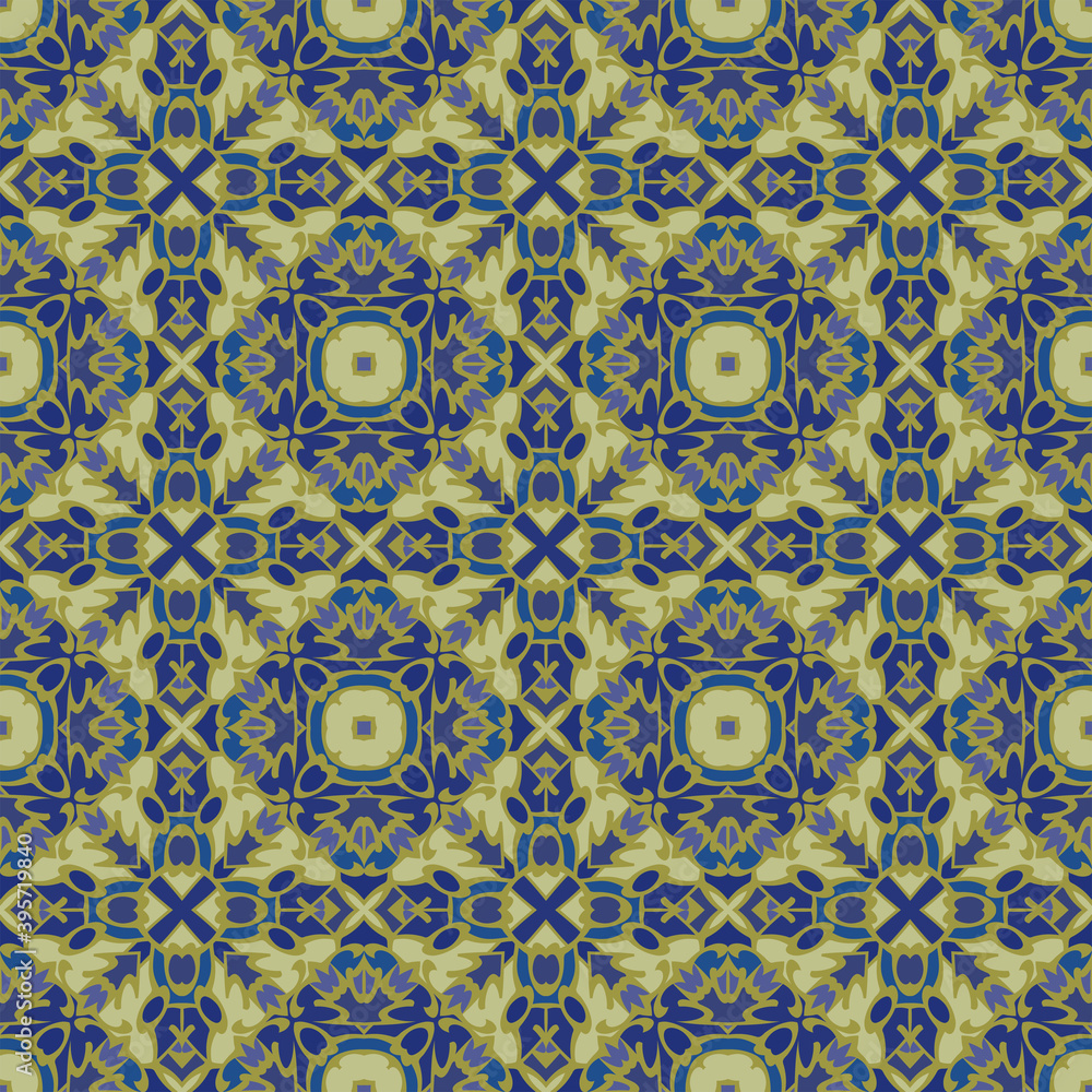 Creative color abstract geometric pattern in gold blue, vector seamless, can be used for printing onto fabric, interior, design, textile, rug, carpet, tiles.