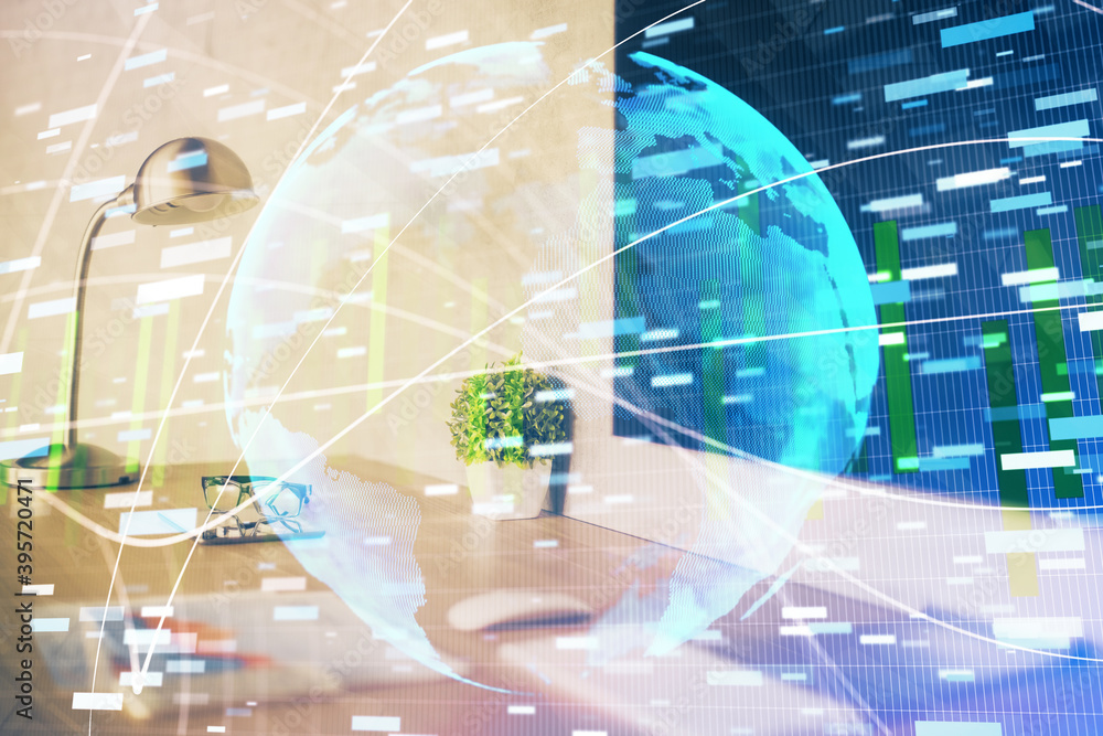 Multi exposure of business theme icons and work space with computer background. Concept of success. Multi exposure of business theme icons and work space with computer background. Concept of success.