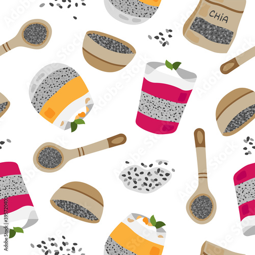 Vector hand drawn pattern of chia pudding and seeds. Chia pudding, chia seeds pattern. Superfood. Food illustration. Vegetarian.