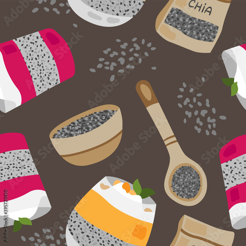 Vector hand drawn pattern of chia pudding and seeds. Chia pudding, chia seeds pattern. Superfood. Food illustration. Vegetarian.