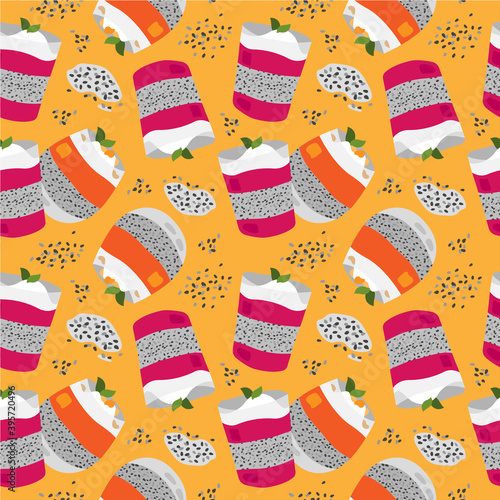 Vector hand drawn pattern of chia pudding and seeds. Chia pudding, chia seeds pattern. Superfood. Food illustration. Vegetarian.