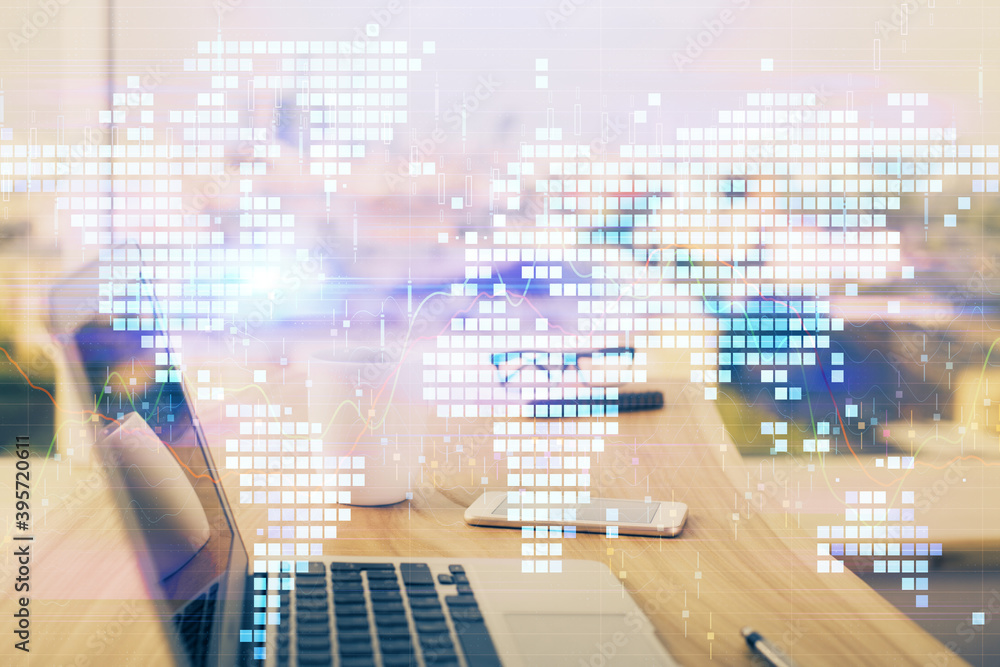 Multi exposure of business theme icons and work space with computer background. Concept of success. Multi exposure of business theme icons and work space with computer background. Concept of success.