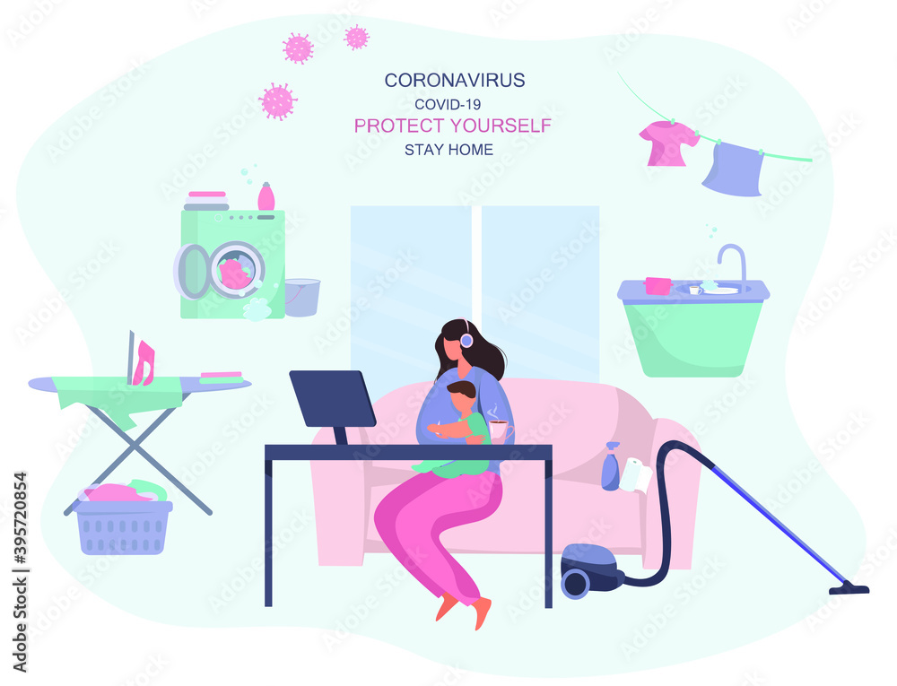 Remote Work or Study at Home and Household Chores. Cooking,Washing,Cleaning.Mother Doing Remote Freelance Job with Computer Online during Coronavirus. Can't Work Productively. Flat Vector illustration