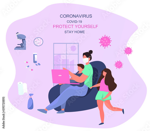 Remote Work at Home. Woman Sitting on the Chair. Mother with Children Doing Remote Freelance Job with Laptop. Mother Freelancer Can't work Productively during Quarantine. Flat Vector Illustration