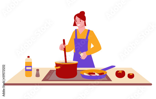 Young woman cooks soup on the stove. Home cooking concept. Vector illustration in flat style.